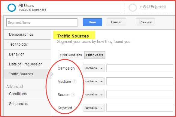 GA Traffic Sources, showing how to create a segment based on utm_campaign, utm_source, and utm_medium