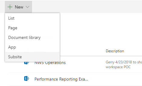 Dropdown menu showing option to add a SharePoint subsite