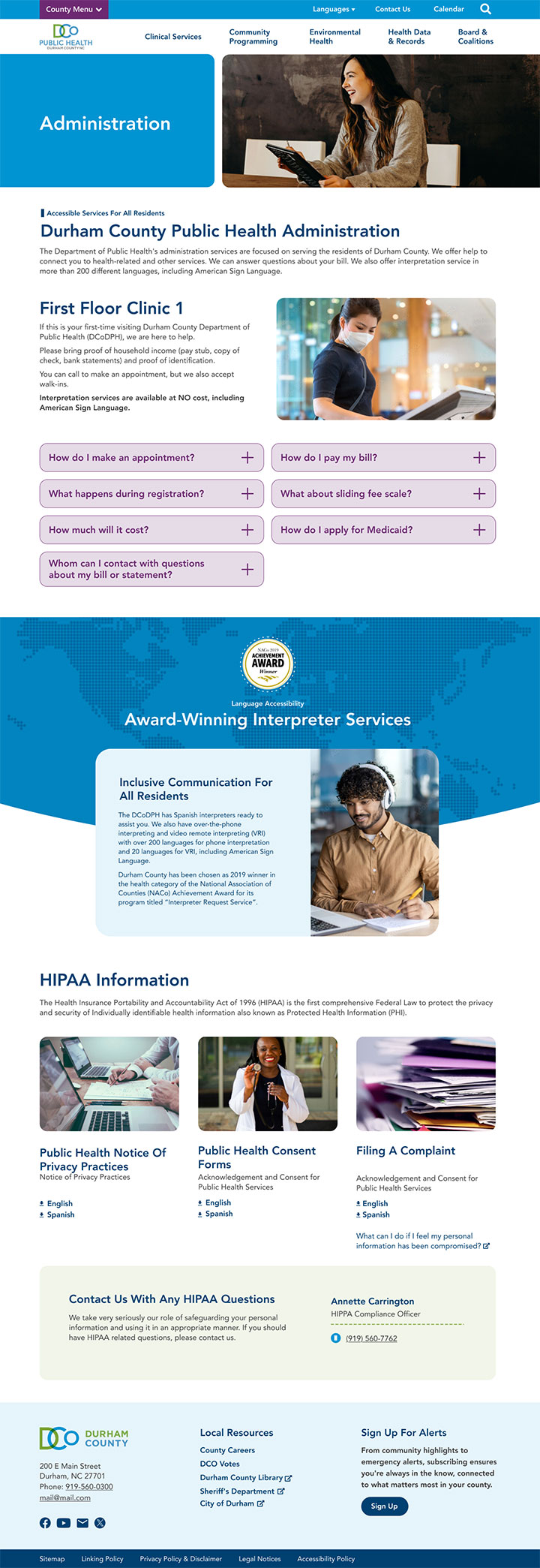 Durham county administration website page