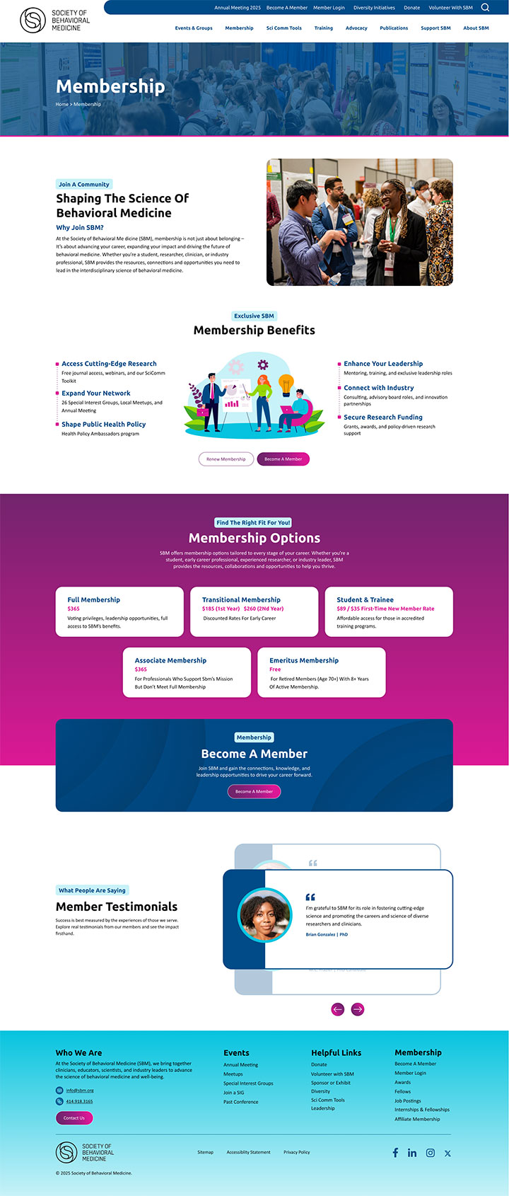 SBM website Membership page design, highlighting intentional use of whitespace and clear CTAs