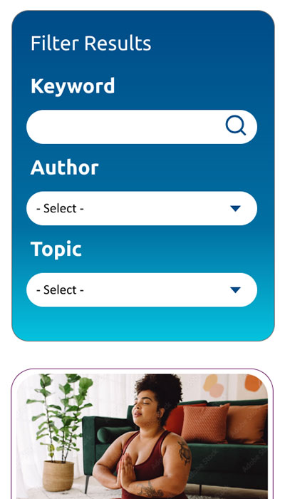 SBM's mobile website design, highlighting blog filters