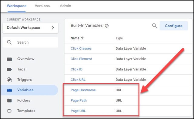 The Variables section of GTM shows three page options visual 