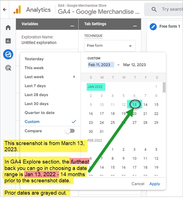 A screenshot of the GA4 Explore section that shows when the date range for data retention stops.