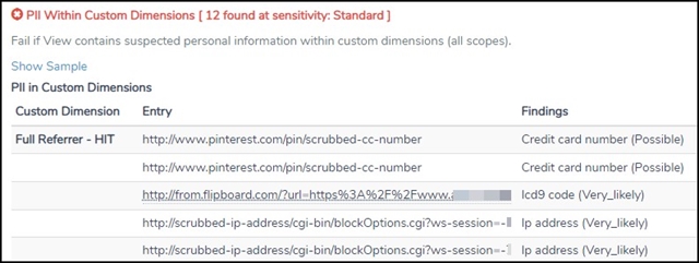 Custom dimensions that were flagged during PII audit