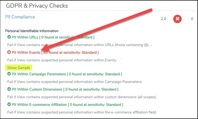 Exampled of a red flag on your GDPR and Privacy check screen