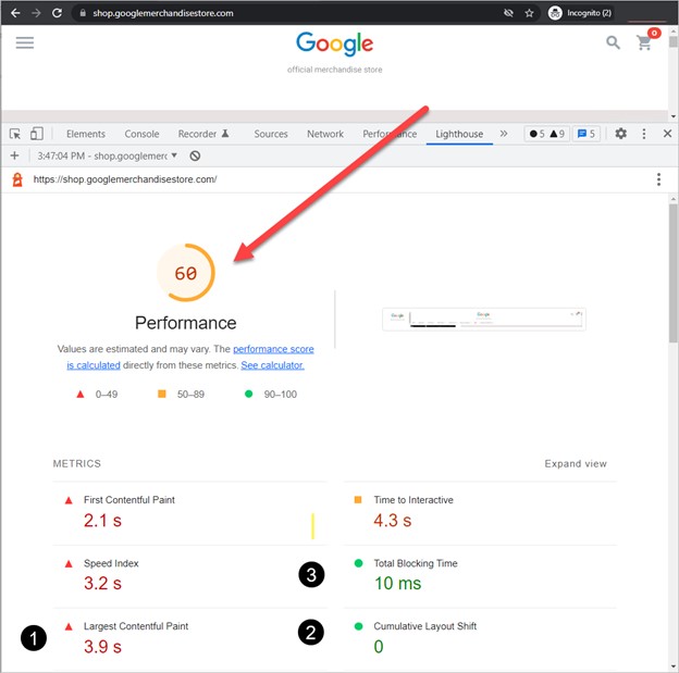 Image of Google Lighthouse performance for Google's merchandise store