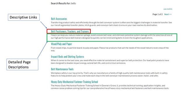 Screen grab of search results that contain descriptive links and detailed page descriptions