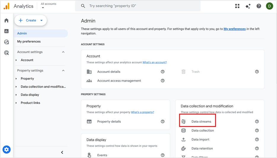 Where to access Data Streams in GA4
