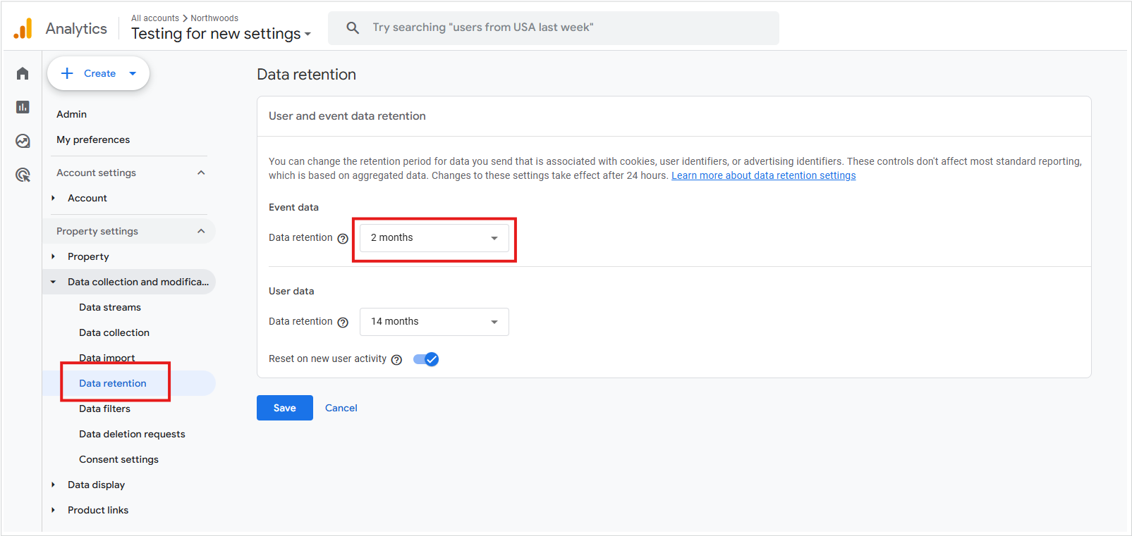 The Data Retention option in the GA4 interface