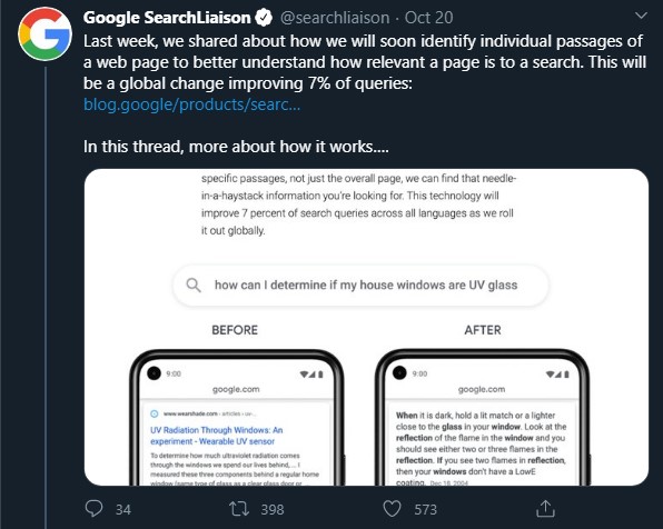 Example of a tweet from Google Search Liaison