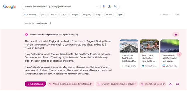 A look at Google's Search Generative Experience direct query results.