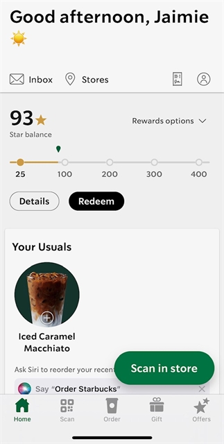 An image from the Starbucks app showing rewards points, usual orders, and more.