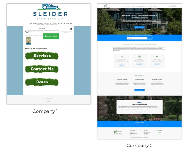 Screengrabs of home pages of two different lawn care websites.