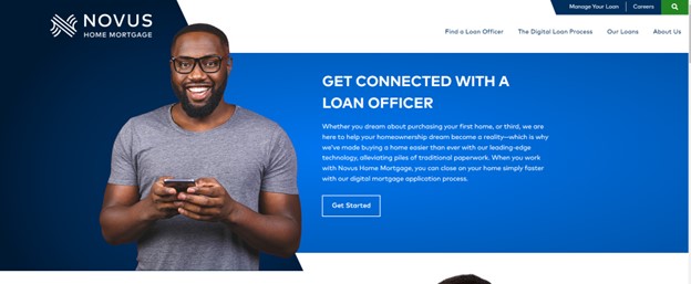 An image of the Novus Home Mortgage website home page featuring easy-to-read text that clearly explains who they are, what they do and how they help their site visitors.