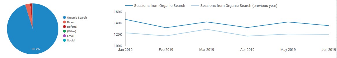 This distilled data visualization shows a 29% increase in sales from organic search over six months