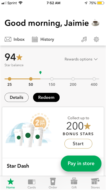 Example of Starbucks Reward screen