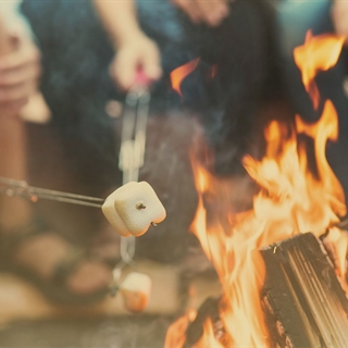 Closeup of hikers roasting marshmallows around a campfire