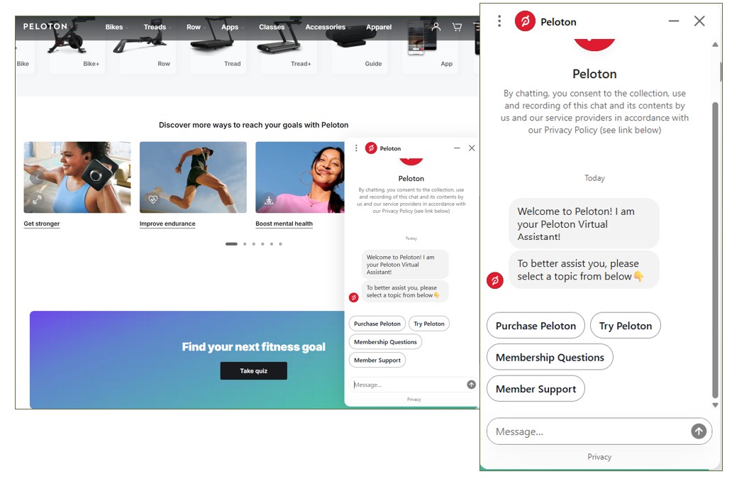 An example of Peloton's AI chatbot experience