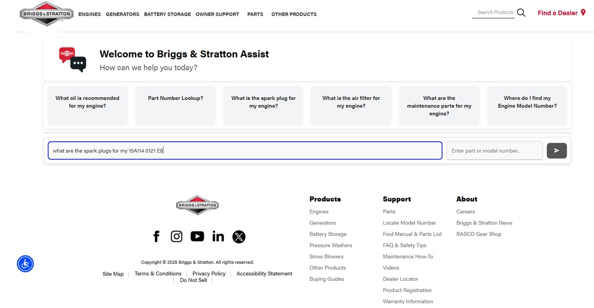 An example of AI-assisted search used by Briggs & Stratton