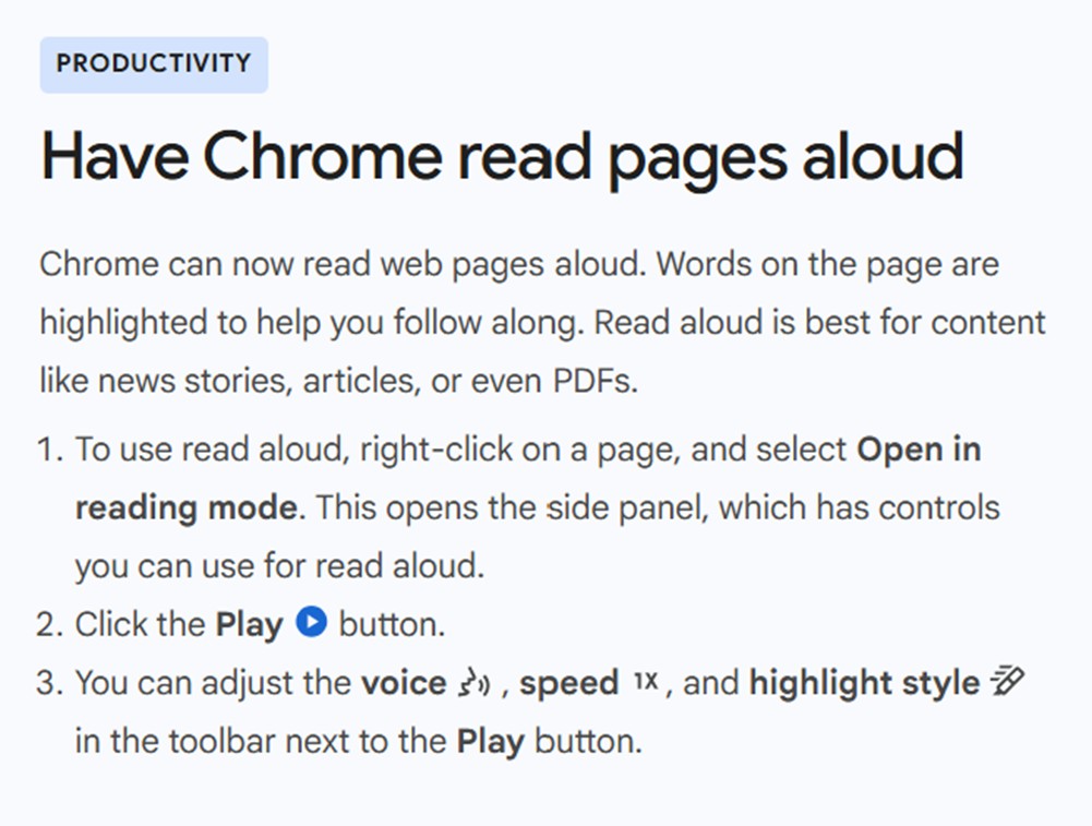 A description of how Chrome reads pages out loud