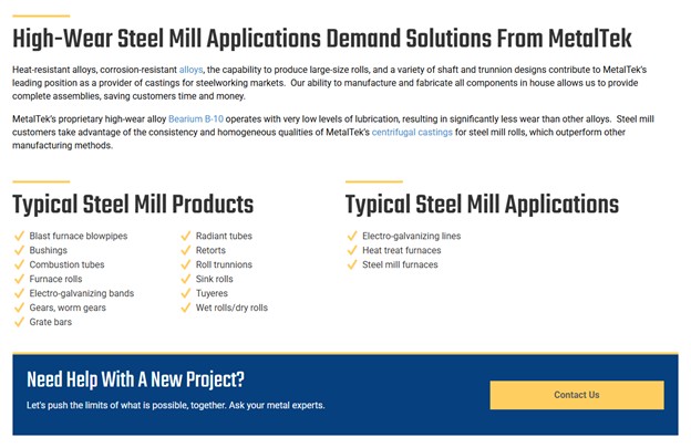An image from the MetalTek website that shows the use of bold headings and bulleted lists to make content easy to scan and grasp