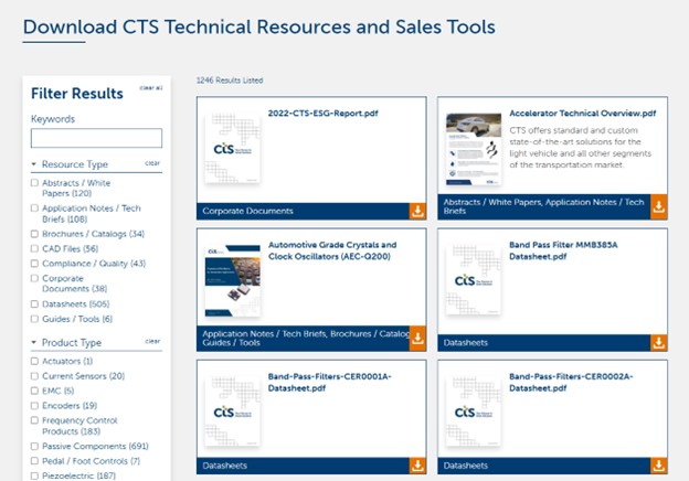 An image of the CTS Corp website showing functionality that allows users to filter technical documents by resource and product type