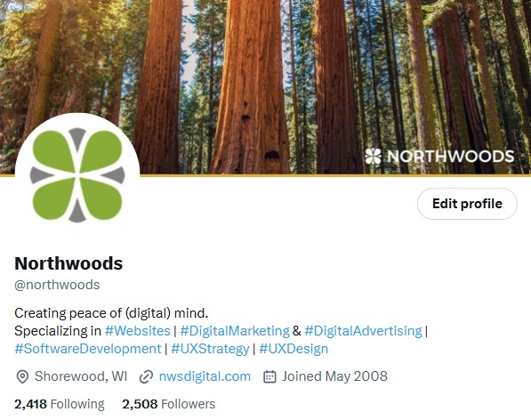 The admin view of the top of Northwoods' X profile page