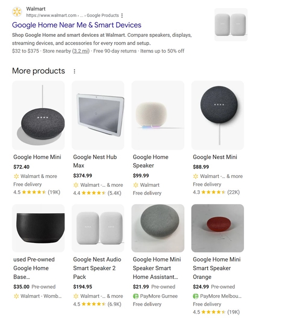 Products and information in Google Search Results for the search ‘Google Home’.