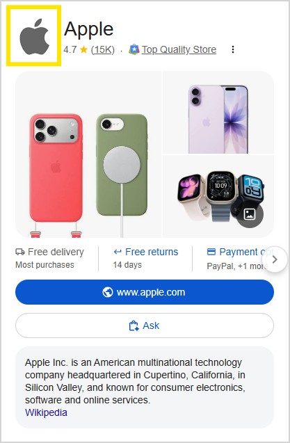 Apple logo and products displayed on the Google Knowledge graph