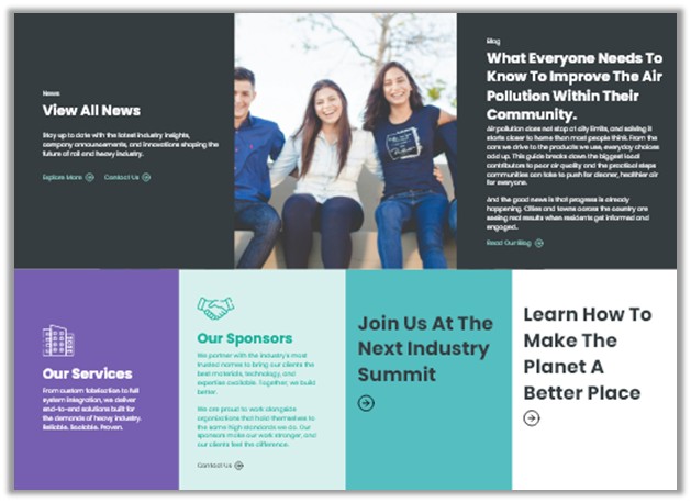 A website with an incohesive layout and awkwardly wrapping text.