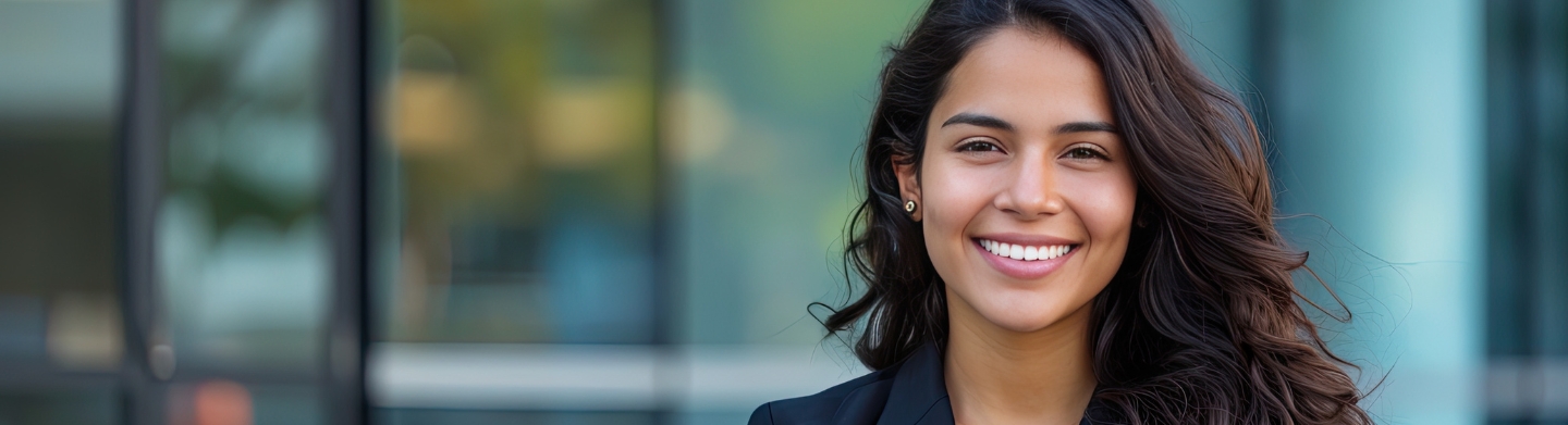 A woman smiling and dressed in a suit