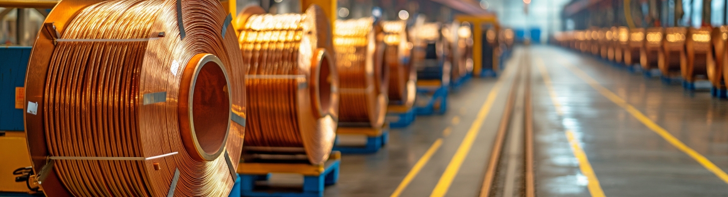 Wire coils stacked in a manufacturing facility